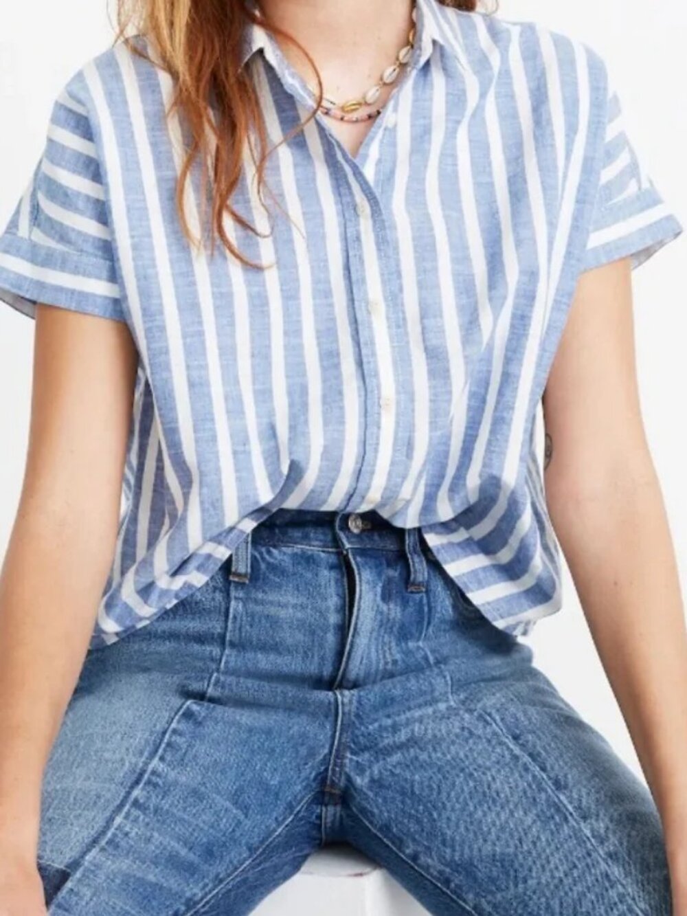 Madewell Cropped Button Down Blue White Stripe Short  ''' SIZE S  SIZE S '''